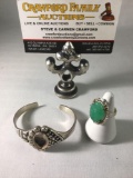 Lot of 2 sterling silver bracelet and ring with green stone, largest 2.5 x 2.5 inches