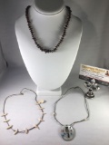 3 necklaces: onyx beaded, bone carved birds necklace, inlay bird pendant, longest 17.5 inches