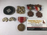 Antique military medals, patch, skull and bones pins, conduct/honor medal, crossed anchors and more