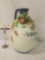 Vintage colorful Italian ceramic wine jug w/painted fruit designs, reads - Vino Santo, signed Leona