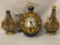 3 hand painted Italian ceramic art pieces, 2 decanters w/lion crests signed C.I.M.A , mantle clock