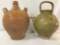 2 vintage two-handled pottery pieces, incl. one green olive oil/wine pitcher & a earth tone vase