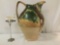 Unique vintage Mediterranean pitcher w/green & brown splotched patterns. Approx. 12x8x14 inches