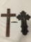 2 vintage wood/brass crucifixes that once hung in an old Italian church. approx 16x8.5 inches