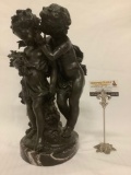 Antique circa 1870s French bronze statue w/ marble base - Whisperer, signed by artist; Augus Bosrail