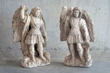 Pair of antique circa 1600s limestone St. Angelo statues from Tuscany, approx 11x22x6 inches.