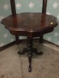 Small antique French end table with floral design inlay work, approx 22x22x23 inches.