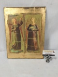 Antique 1880s Eastern European orthodox icon of angels painted on wood, approx 16x12 inches.