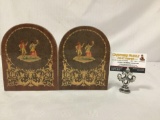 Pair of wood inlay standing bookends / art pieces of dancers. Measures approx 7x4.5x5 inches.