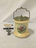 Vintage Devon Ware china container featuring hunting scene. Measures approx 8x5.5x5.5 inches.