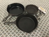 Collection of 3 vintage single notch Lodge cast iron pans sizes 5 and 3.