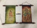 Pair of figural paintings on leather from India(?). approx 13x11 inches.