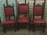 3 English circa 1800s carved wood chairs with red upholstery, Largest approx. 24x24x48 inches....