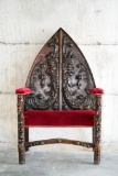 1780s antique French King Roi chair w/ red velvet cushions & ornate carvings Approx. 36x22.5x60 in.