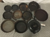 Collection of 11 vintage 3 notch Lodge cast iron pans.