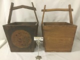 Two handmade antique Italian wooden grain baskets, 1 w/ floral/figural...designs, approx. 16x14x24 i