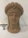 Antique clay bust of ancient Mediterranean woman, approx. 8x7x12 inches.