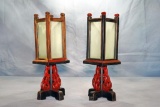 Antique wood & glass candle holders, some wear, see pics, approx. 7x7x19 inches.