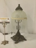 Antique metal & glass parlor lamp elegant spiraling base, glass/ bead shade, Euro wired, sold as is