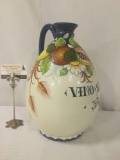 Vintage colorful Italian ceramic wine jug w/painted fruit designs, reads - Vino Santo, signed Leona