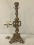 Antique wooden gold tone candle holder w/stately carved designs, some wear, approx. 7x7x17 inches
