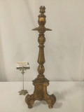 Elegant antique gold tone wooden lamp, untested European plug, approx 7x8x22 inches.