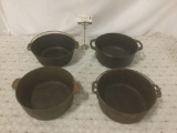 Four vintage cast iron pots from the U.S. & Korea, incl. makers like Renfrow Ware.