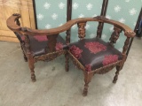 Antique circa 1760s rare French conversation chair, one leg needs fix. approx 48x24x24 inches