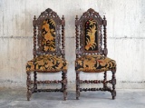 2 circa late 1700s carved wood renaissance style chairs with lion heads. approx 43x19x18 inches.