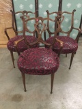 3 vintage French parlor chairs with velvet red seats. Measure approx 35x22x19 inches.