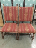 2 vintage spiral-carved leg chairs with salmon colored upholstery. They measure approx 43x21x19 in.