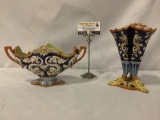 Two vintage Italian hand painted ceramic vase and bowl w/ dragon designs & faces.