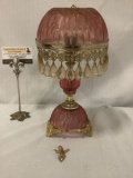 Vintage European corded glass & gold tone metal parlor lamp w/hanging crystal shade. Sold as is.