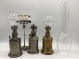 Three French vintage & antique brass & metal oil lamps, incl. three Pigeon lamps, Lampe-Olympe