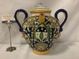 Vintage double handled hand painted Italian ceramic olive oil vessel w/spout, Approx. 13x10x12 in.