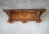 Vintage wood carved shelf with coat of arms design, likely French or Italian, approx 30x6x11 inches.