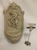 Antique marble Holy Water font / stoup with cherub / angel figure design, approx 8x16x4 inches.