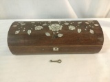 Vintage wooden box w/floral designs & key, lock mechanism is worn, see pics. Approx. 9.5x4x3 inches.