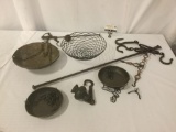 8 antique Italian scale equipment from the late 1800s, incl. baskets, weights, hooks, & levers.