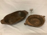 Lot of 2 old antique large wood carved bowls, dough trough & food bowl, approx 27x14x6 inches.