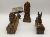 Three vintage Egyptian statues, incl. a bust of pharaoh Tutankhamen, a sphinx, & Anubis 5x2x4.5 in.