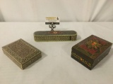 Three small colorful boxes w/floral & geometric patterns. Some wear, see pics. Approx. 4.5x7x3 in.