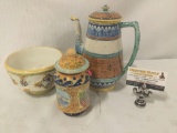 3 hand painted stoneware pottery pieces. 2 signed by artist Deruta. Largest approx 8x7.5x6 inches