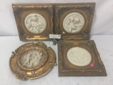 4 gilt framed cherub relief artworks, Enrico Braga w/ Perfugium Regibus coin. approx 12x12x2 inches.