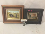 2 framed tile art pieces by Patrick Chazelas. Largest measures approx 13x11 inches.