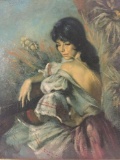 Original oil painting of woman with guitar signed by artist. Measures approx 23.5x20 inches.