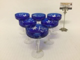 Lot of 6 blue Bavarian crystal etched drinking glasses with stem base, approx 4x6 inches.