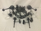 Iron dragon chandelier with wall mount lighting. Chandelier measures approx 25x25x9 inches.