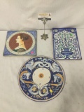 Collection of three hand painted stoneware art pieces. Clock face and more. approx 12x12 inches.