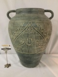 Large green Italian urn in the old Greek style w/spiraling & linear detailing. Approx. 17x16x21.5 in